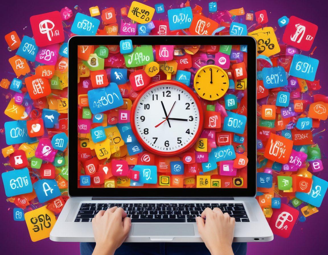 An eye-catching digital collage illustrating a vibrant online shopping scene: a diverse group of shoppers browsing on laptops and tablets, surrounded by colorful deal tags and discount symbols; highlight a clock symbolizing time-limited offers and a shopping cart filled with various products. super-realistic. vibrant colors. dynamic composition.