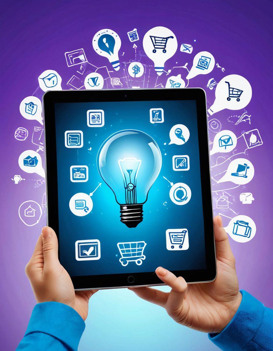 A modern shopper browsing a sleek online retail website on a tablet, surrounded by various shopping icons like discounts, reviews, and carts floating in the air. A bright and inviting atmosphere with a hint of technology and e-commerce trends depicted in the background. Include symbols representing smart shopping tips, like a magnifying glass for research and a light bulb for innovative ideas. super-realistic. vibrant colors. 3D.