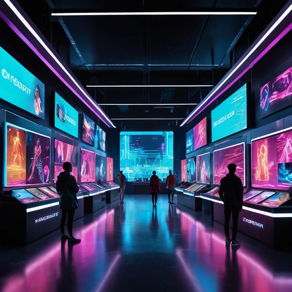 A futuristic digital marketplace filled with holographic displays showcasing diverse products, with people engaging using augmented reality devices. Bright neon colors illuminate the scene, conveying a sense of innovation and excitement. A blend of technology and human interaction, highlighting the transformation of shopping experiences. super-realistic. vibrant colors. cyberpunk.